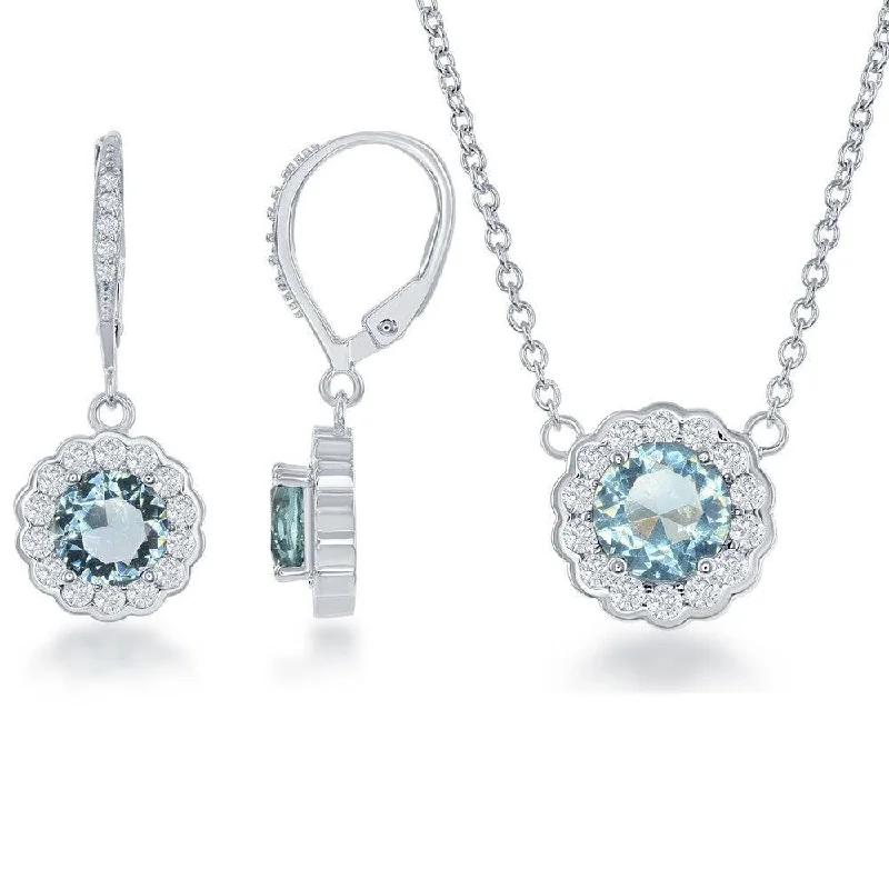 Ladies necklaces diamond pendants-Sterling Silver 16+2 Inch December Birthstone With  CZ Border Round Earrings and Necklace Set