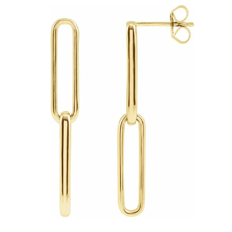 Ladies earrings engraved details-14K Yellow Gold Elongated Flat Link Dangle Post Earrings, 5 x 34mm