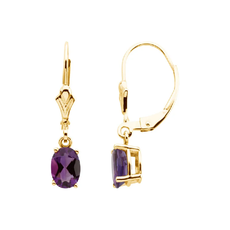 Ladies earrings Mother’s Day-Oval Amethyst Lever Back Earrings in 14k Yellow Gold