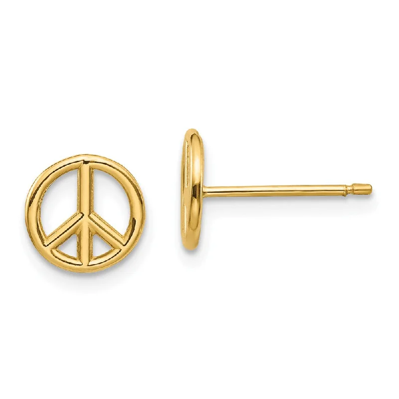 Ladies earrings gothic appeal-8mm 3D Peace Sign Post Earrings in 14k Yellow Gold