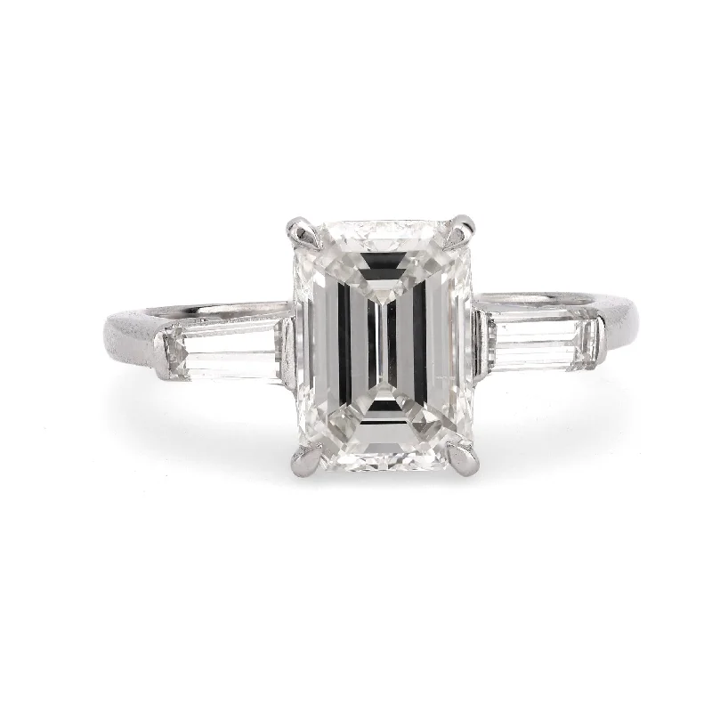 Ladies engagement rings warranty plans-GIA 2.01 carat emerald cut diamond platinum engagement ring