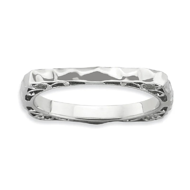 Ladies ring emotional symbols-2.25mm Stackable Sterling Silver Square Hammered Scroll Band