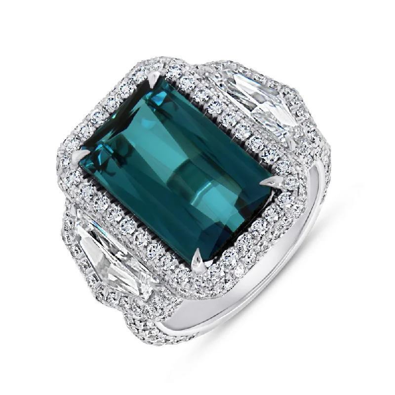 Ladies engagement rings custom designs-Uneek Precious Collection Three-Stone Emerald Cut Green Tourmaline Engagement Ring