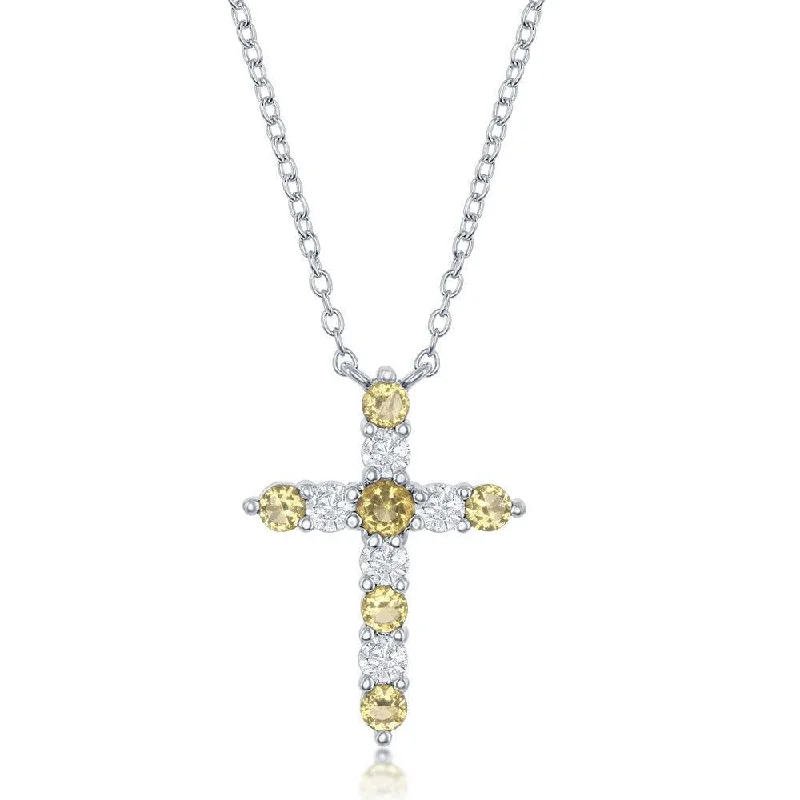 Ladies necklaces elegant styles-Sterling Silver Citrine CZ November Birthstone Cross Necklace