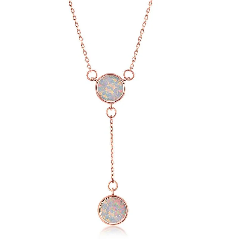 Ladies necklaces price range-Sterling Silver Rose GP White Opal Double Disc Lariat Necklace