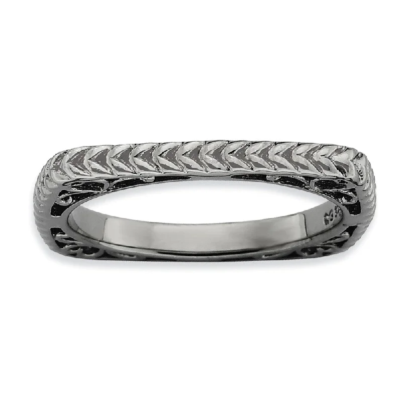 Ladies ring investment value-Stackable Black Plated Silver Square Wheat Band