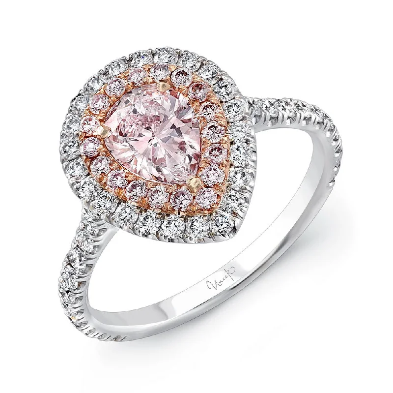 Ladies engagement rings solitaire stones-Uneek Pear-Shaped Pink Diamond Engagement Ring with Pink Diamond Inner Halo and White Diamond Outer Halo