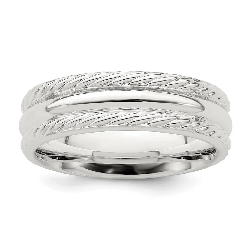 Ladies ring index finger-6mm Rhodium Plated Sterling Silver Polished Rope Edge Band