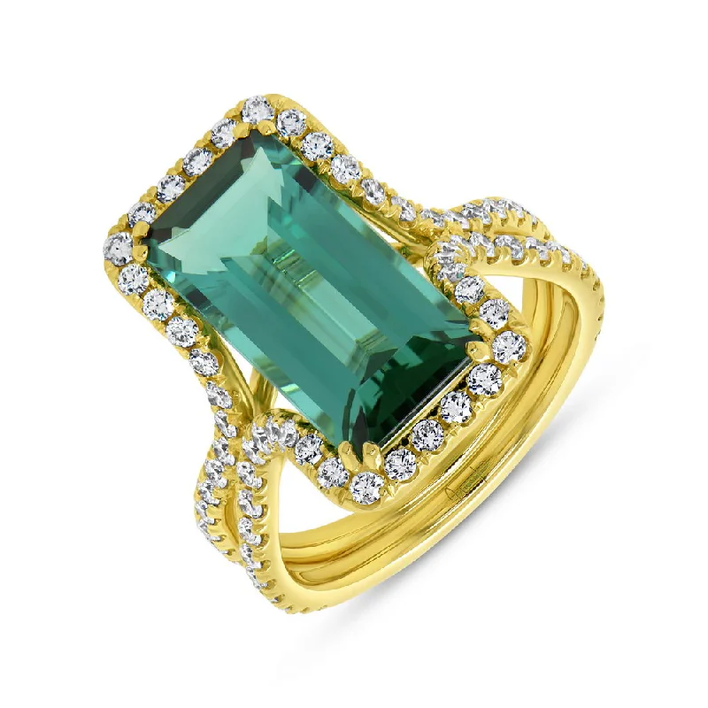 Ladies engagement rings latest trends-Uneek Precious Collection Split-Shank Emerald Cut Green Tourmaline Engagement Ring