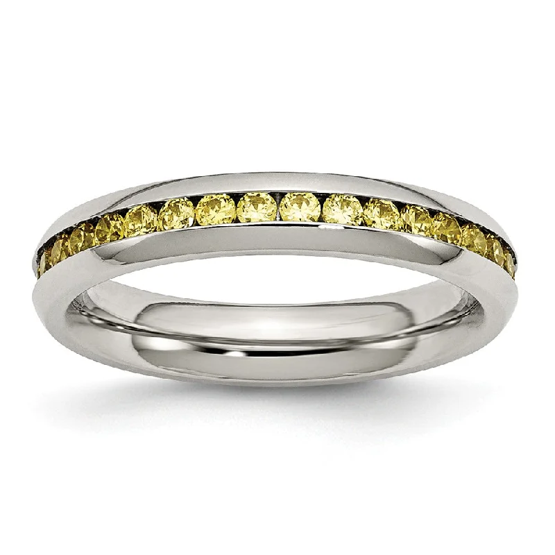 Ladies ring e-commerce sites-4mm Stainless Steel And Yellow Cubic Zirconia Stackable Band