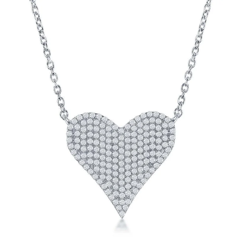 Ladies necklaces engagement gifts-Sterling Silver Micro Pave CZ Heart Necklace