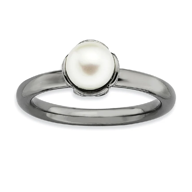 Ladies ring famous brands-White FW Cultured Pearl & Black-plated Sterling Silver Stack Ring