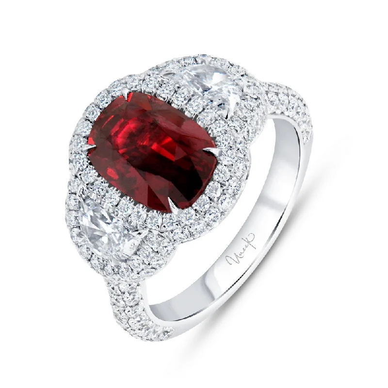 Ladies engagement rings diamond cuts-Uneek Precious Collection 3-Stone-Halo Cushion Cut Ruby Engagement Ring