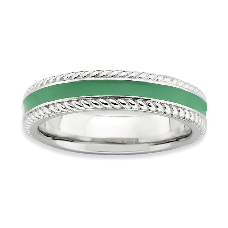 Ladies ring Asian-inspired-4.5mm Sterling Silver Green Enamel Stackable Rope Edged Band