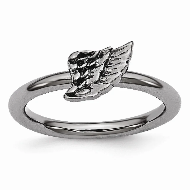 Ladies ring lightweight choices-Black Plated Sterling Silver Stackable 6mm Angel Wing Ring