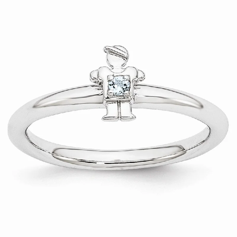 Ladies ring floral designs-Rhodium Plated Sterling Silver Stackable Aquamarine 7mm Boy Ring