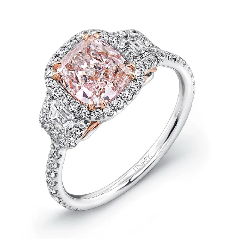 Ladies engagement rings timeless elegance-Uneek Cushion-Cut Fancy Light Pink-Center Three-Stone Engagement Ring with Filigree Accents