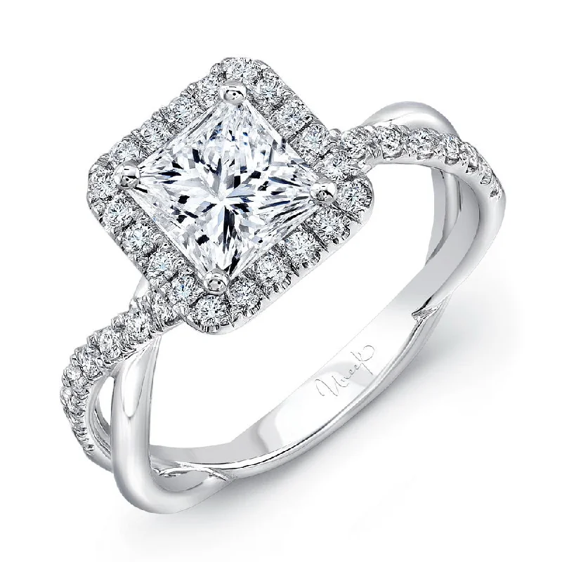 Ladies engagement rings small stones-Uneek Princess-Cut Diamond Halo Engagement Ring with Infinity-Style Crisscross Shank