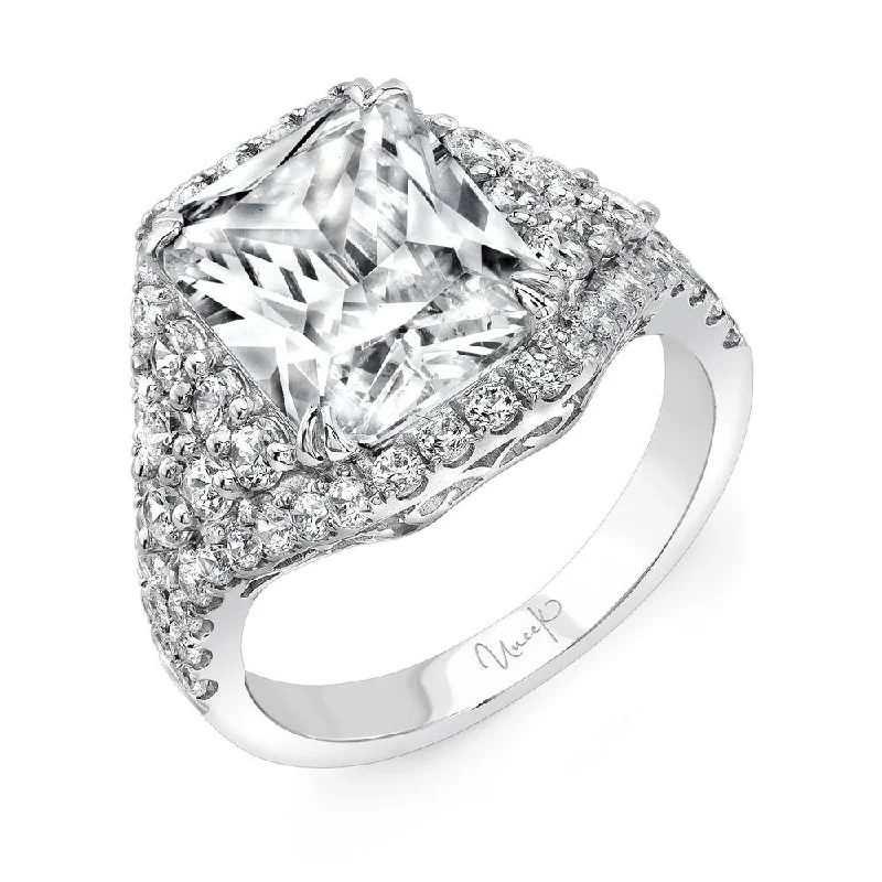 Ladies engagement rings delicate bands-Uneek 4-Carat Radiant-Cut Diamond Three-Stone Illusion Engagement Ring with Trillion-Shaped Side Clusters