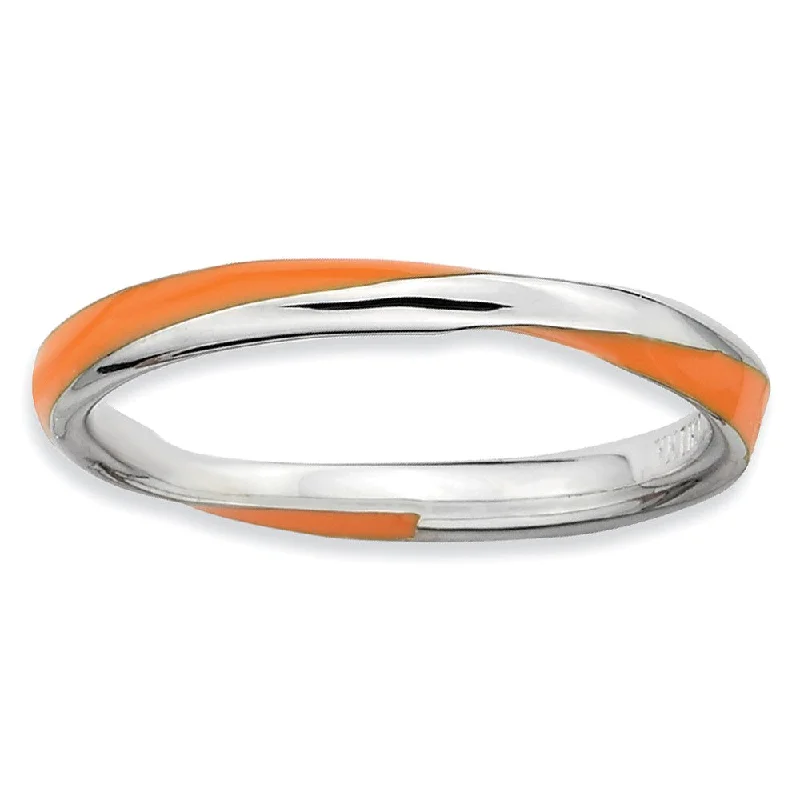 Ladies ring mature appeal-2.5mm Silver Twisted Orange Enameled Stackable Band