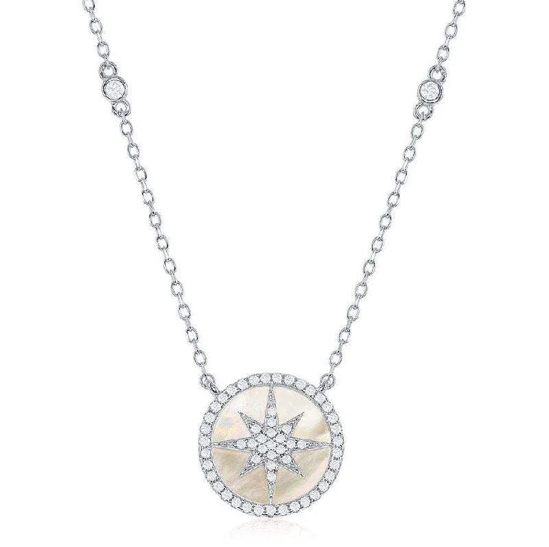 Ladies necklaces luxurious designs-Sterling Silver Round MOP with Center Micro Pave Star Necklace