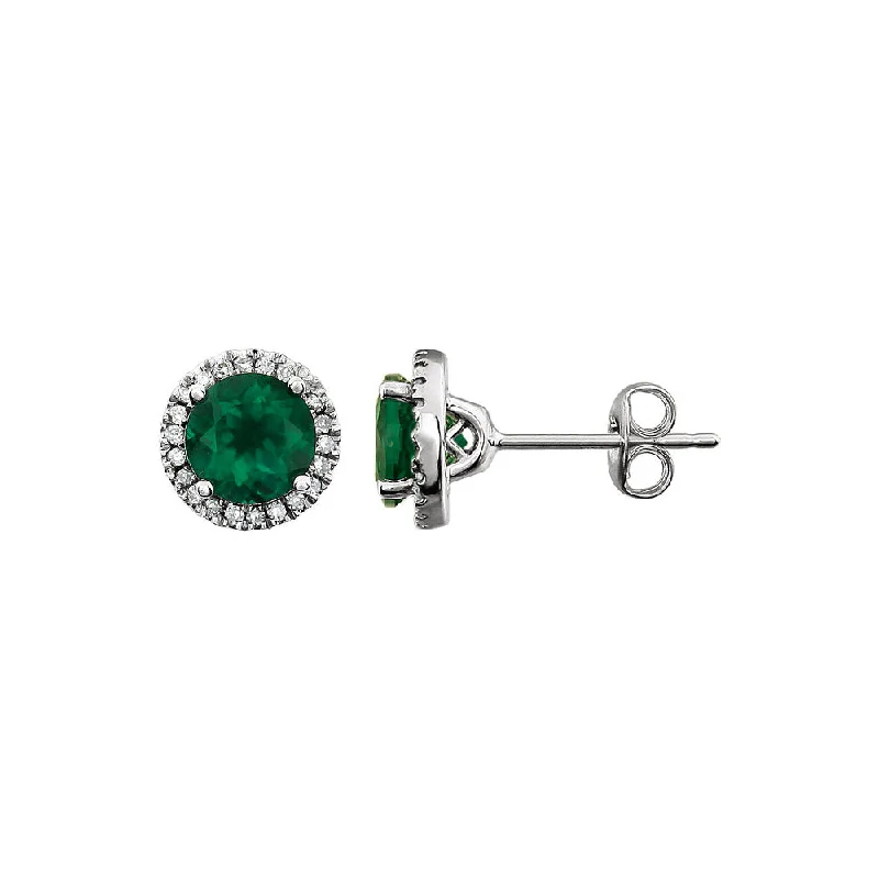 Ladies earrings worldwide trends-8mm Halo Style Created Emerald & Diamond Earrings in 14k White Gold