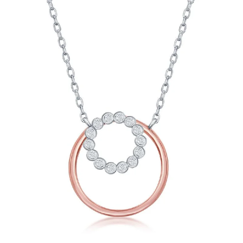 Ladies necklaces buying tips-Sterling Silver Bezel-Set CZ and RG Plain Open Circle Necklace