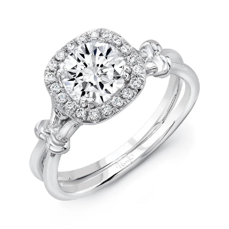 Ladies engagement rings floral motifs-Uneek Round Diamond Silhouette Engagement Ring with Cushion-Shaped Halo, Secret Bezel Diamonds, and Ribbon-Inspired Shoulder Accents