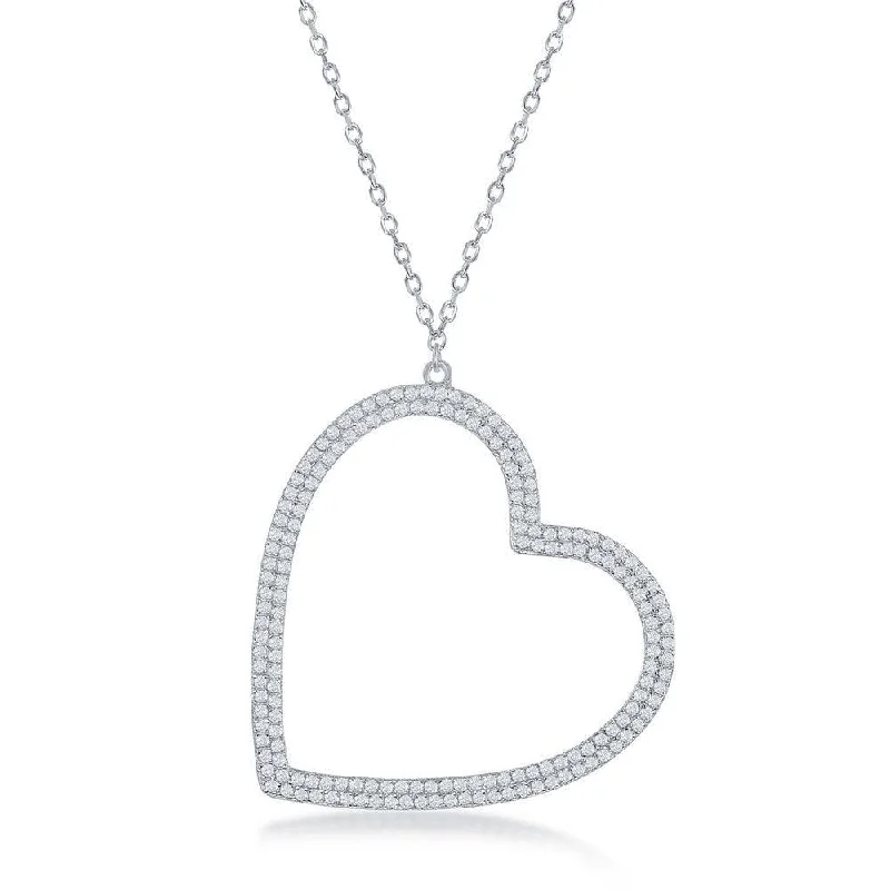 Ladies necklaces sale events-Sterling Silver Large Micro Pave Open Heart Necklace