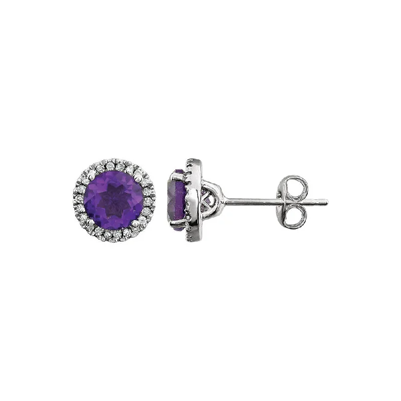 Ladies earrings vintage charm-8mm Halo Style Amethyst & Diamond Earrings in 14k White Gold