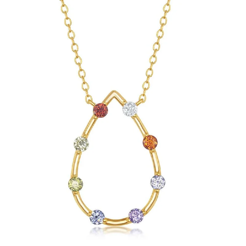 Ladies necklaces elegant styles-Sterling Silver Gold Plated Rainbow CZ Open Pear-Shaped Necklace