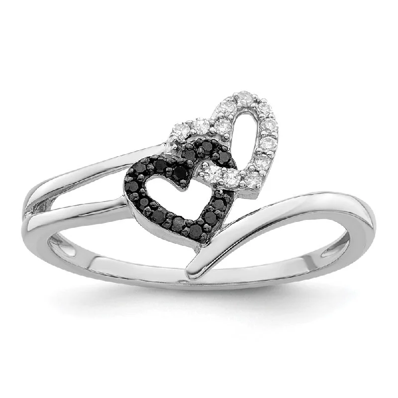 Ladies ring star motifs-1/10 Ctw White & Black Diamond Double Heart Ring in Sterling Silver