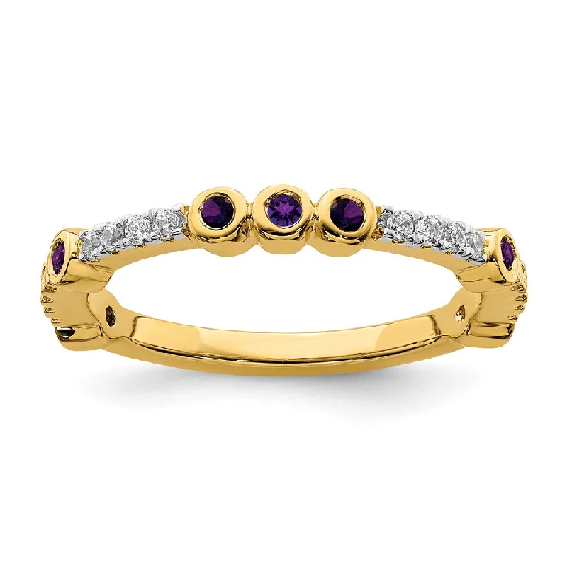 Ladies ring latest trends-2mm 14k Yellow Gold Amethyst & .08 Ctw Diamond Stackable Band