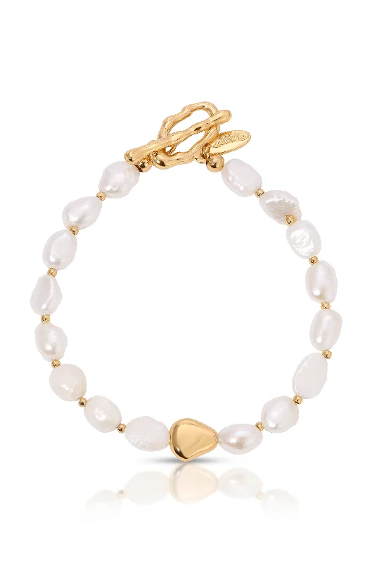 Ladies bracelets animal themes-Freshwater Pearl and Gold Nugget Toggle Bracelet