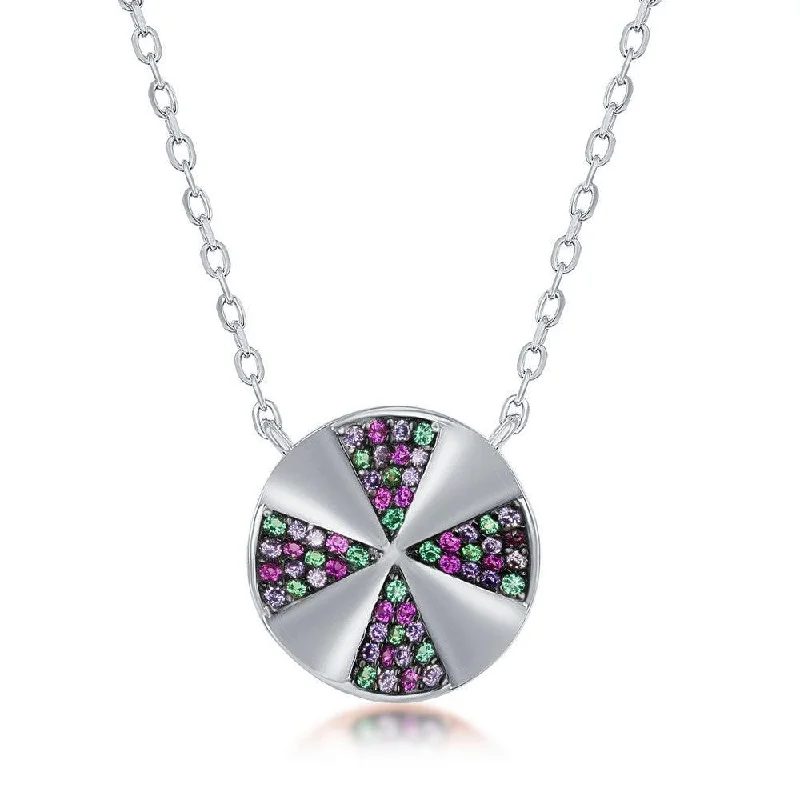 Ladies necklaces delicate designs-Sterling Silver Rainbow Cubic Zirconia Designed Disc Necklace