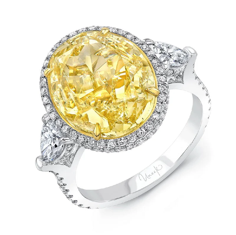 Ladies engagement rings cushion cut-Uneek Natureal Collection 3-Stone-Halo Oval Shaped Yellow Diamond Engagement Ring