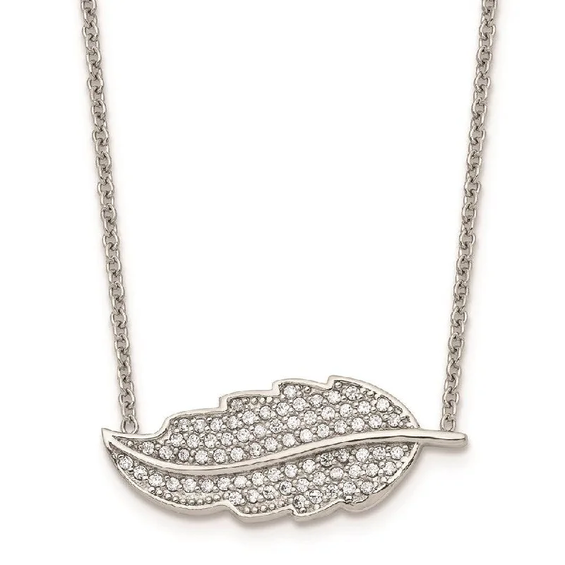 Ladies necklaces age suitability-Stainless Steel Polished Leaf with CZs Necklace