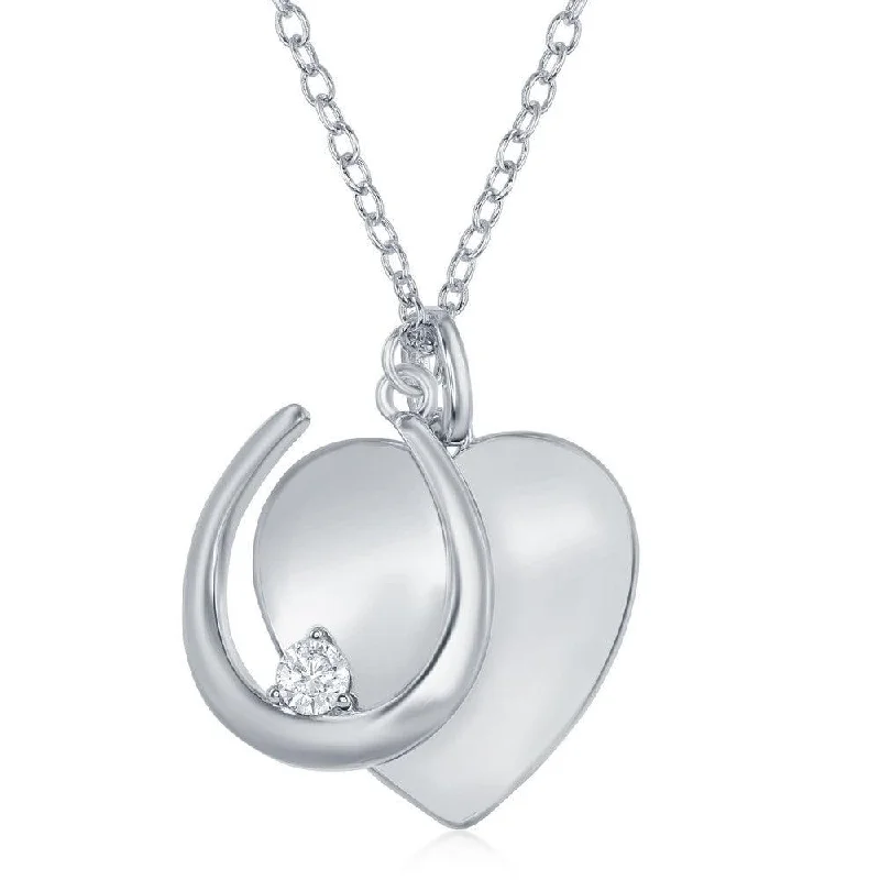 Ladies necklaces sister sets-Sterling Silver Shiny Heart and Horseshoe with Single CZ Necklace