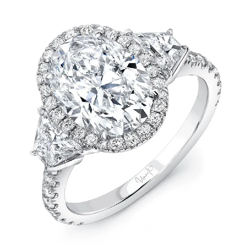 Ladies engagement rings fashion picks-Uneek Three-Stone Engagement Ring with 3-Carat Oval Center on Halo