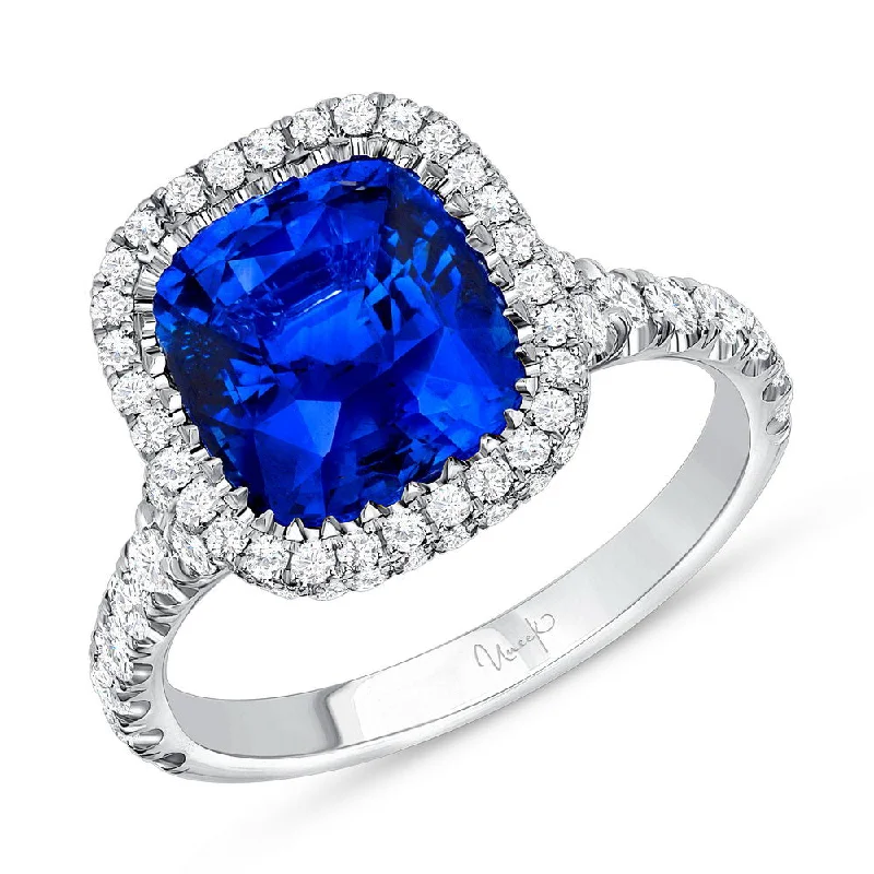 Ladies engagement rings eternity bands-Uneek Precious Collection Halo Cushion Cut Blue Sapphire Engagement Ring