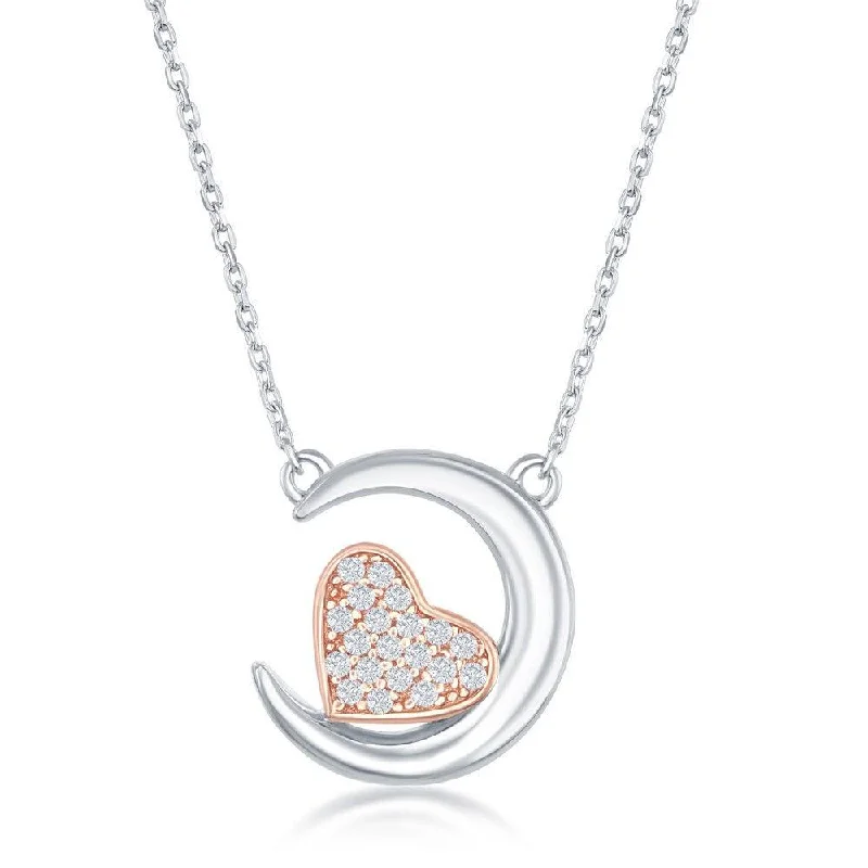 Ladies necklaces statement pieces-Sterling Silver Crescent Moon with Rose GP CZ Heart Necklace