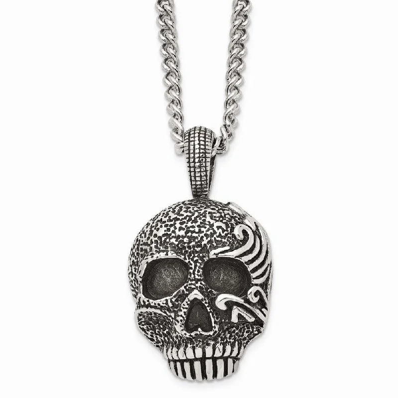 Ladies necklaces customer reviews-Stainless Steel Antiqued & Textured Skull 24in Necklace