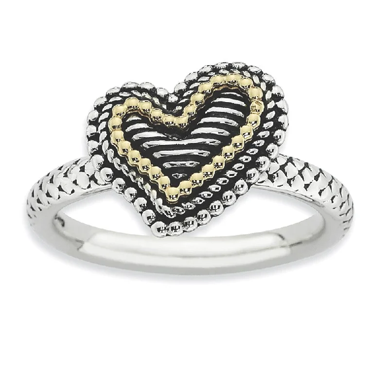 Ladies ring sapphire gems-2.5mm Stackable Antiqued Sterling Silver & 14K Gold Plated Heart Ring