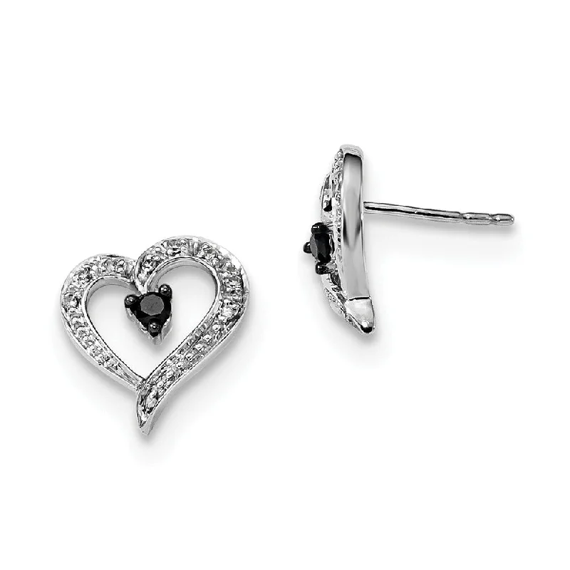 Ladies earrings gold styles-Black & White Diamond 11mm Open Heart Post Earrings in Sterling Silver