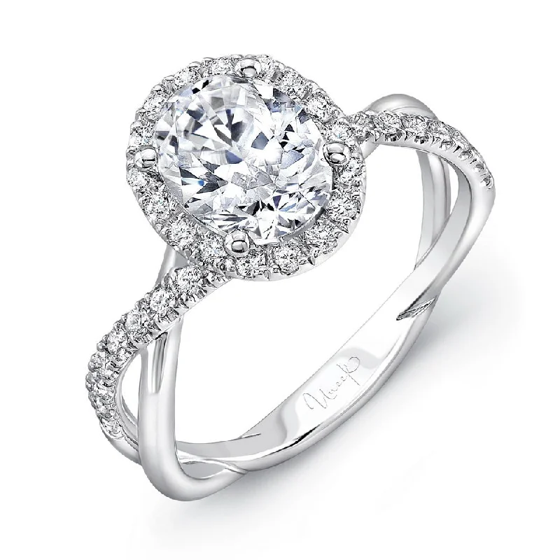 Ladies engagement rings personalized-Uneek Oval Diamond Halo Engagement Ring with Infinity-Style Crisscross Shank