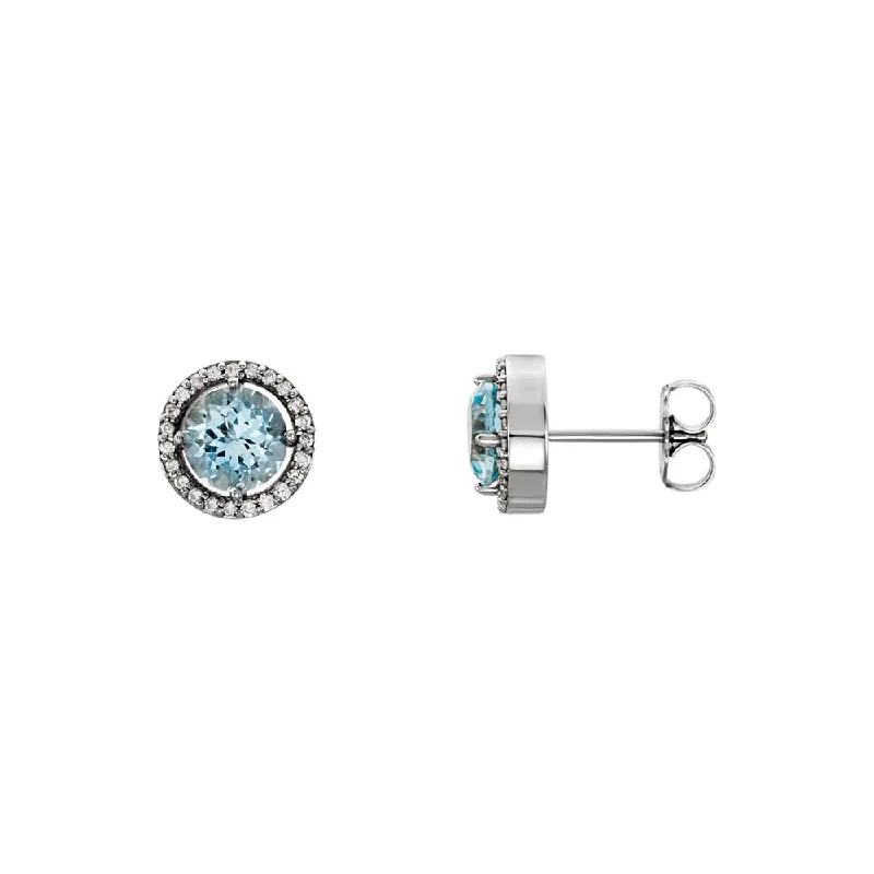 Ladies earrings social media trends-9mm Halo Style Aquamarine & Diamond Earrings in 14k White Gold