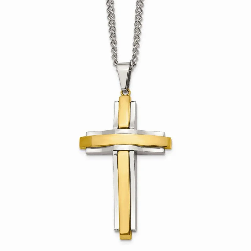 Ladies necklaces designer brands-Stainless Steel Polished Yellow IP-plated Cross Necklace