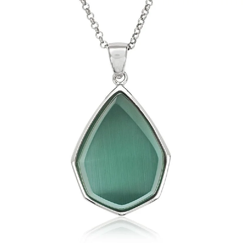 Ladies necklaces minimalist looks-Sterling Silver King Green Cat's Eye Teardrop Necklace