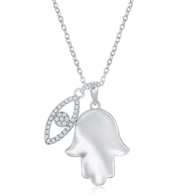 Ladies necklaces worldwide trends-Sterling Silver Shiny Hamsa with CZ Evil Eye Necklace