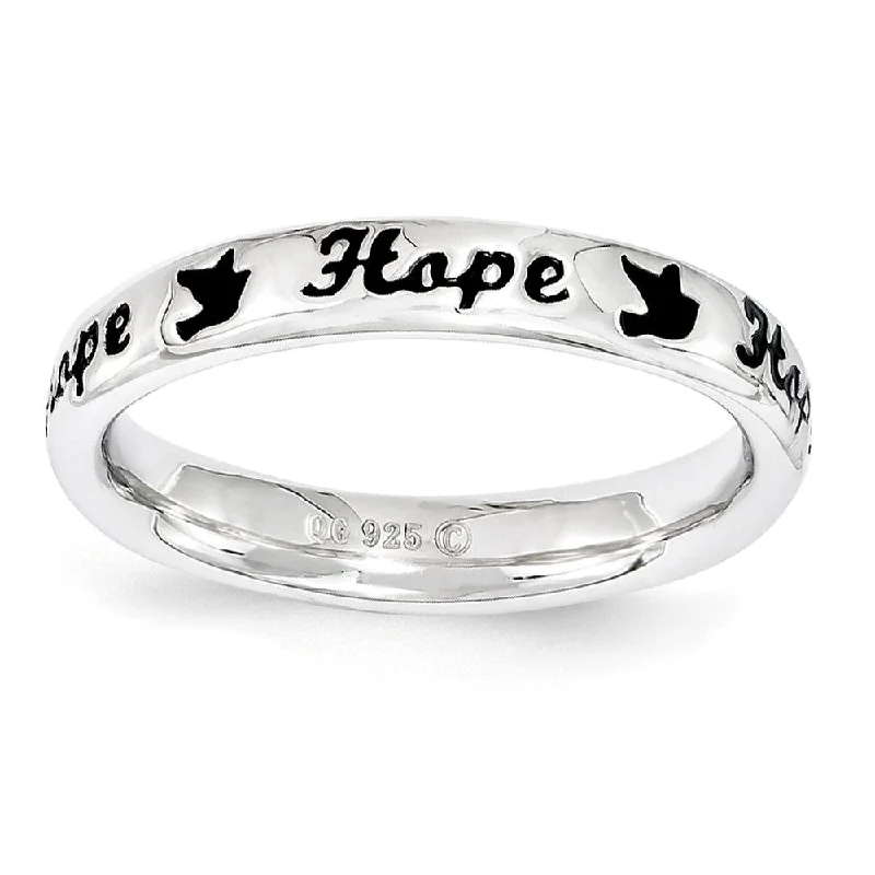 Ladies ring minimalist styles-3.5mm Sterling Silver Stackable Black Enamel Hope Script Band